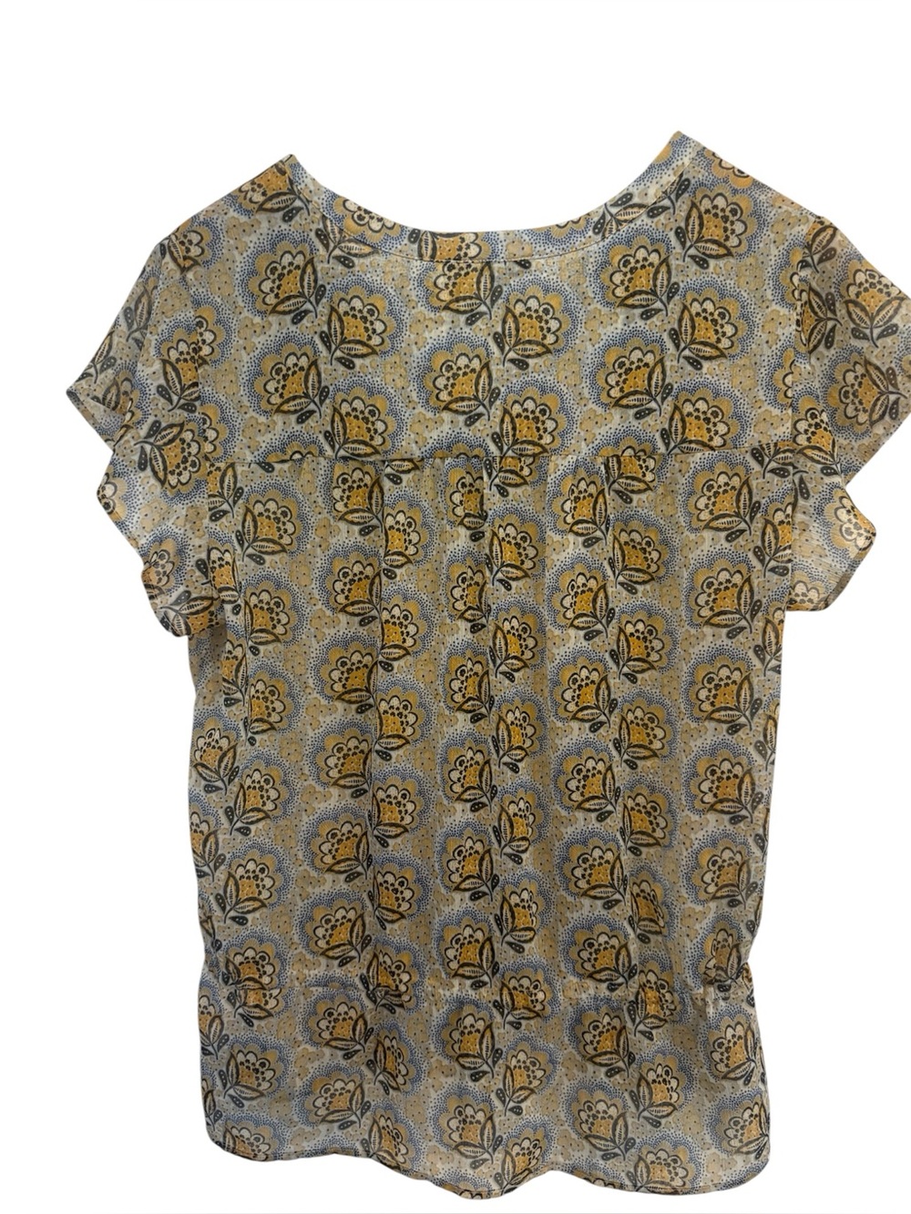 DR2 mustard Yellow Floral Tie-Waist Cap Sleeve Blouse EUC - Picture 6 of 6